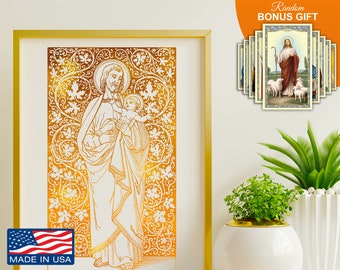 May include: A gold foil print of Saint Joseph holding the baby Jesus. The image is framed and has a gold background with a floral pattern.