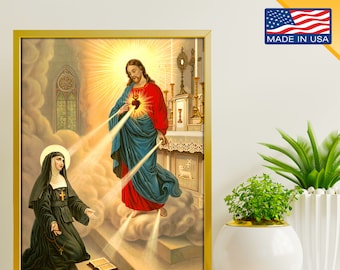St Margaret Mary Alacoque - Impresión de lienzo - Hecho en EE. UU., Revelación del Sagrado Corazón de Jesús - Impresión de arte de pared católica inspiradora y motivacional