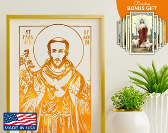 Der heilige Franz von Assisi 8 x 10 in handgefertigter Goldfoliengrafik, Schutzpatron der Tiere, Kunstdekordruck, katholisches Housewarminggeschenk für Ihn Sie
