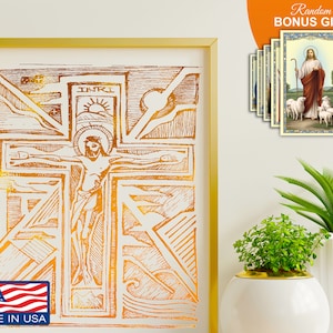 Crucifixion of Jesus 2 - Real Gold Foil 8x10 in Abstract Art Print, Christian Home Wall Decor Artwork, Catholic Gift Prints for Housewarming