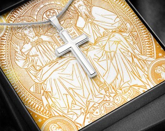 Cross Necklace with Holy Trinity God the Father the Son and Holy Spirit artwork on box - Great Beautiful Christian Catholic Christmas Gift