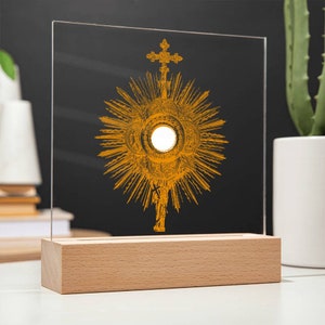 Holy Eucharist Blessed Sacrament Art Mini Monstrance Traditional Roman Catholic Artwork - Clear Acrylic Square Plaque Sign Decor with stand