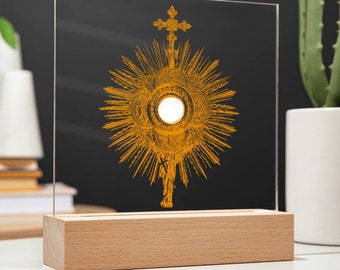 Holy Eucharist Blessed Sacrament Art Mini Monstrance Traditional Roman Catholic Artwork - Clear Acrylic Square Plaque Sign Decor with stand