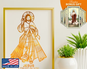 Jesus Christ Divine Mercy Image 8x10 in Handmade Gold Foil Artwork, Inspirational Catholic Christian Wall Art Decor Gift Prints for Him Her
