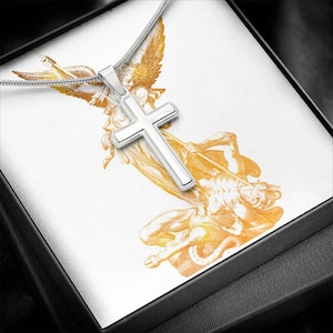 Cross Necklace with St Michael the Archangel artwork - Sacred Religious Christian Catholic Anniversary Birthday Baptism Appreciation Gifts