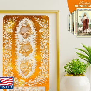 Three Sacred Hearts Jesus Mary Joseph - Gold Foil 8x10 in Art Print, Christian Catholic Home Wall Decor, Perfect Christmas Gift Prints