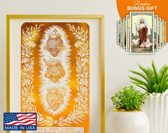 Drei heilige Herzen Jesus Maria Josef – Goldfolie 8x10 als Kunstdruck, christlich-katholisches Wohnwanddekor, perfekte Weihnachtsgeschenkdrucke