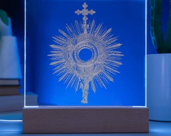 Sagrada Eucaristía - Placa decorativa cuadrada de acrílico transparente con luz LED y soporte, Cuerpo y Sangre de Cristo, regalo católico perfecto para la decoración del hogar.