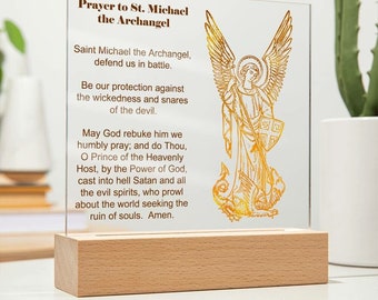 Oración de San Miguel Arcángel, placa cuadrada de acrílico transparente, ideal como decoración de pared católica, ideal como regalo para el hogar y la oficina.