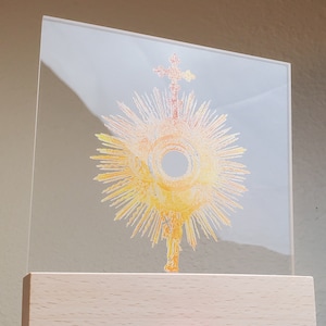Holy Eucharist - Clear Acrylic Square Plaque Sign Decor with stand, Body and Blood of Christ, Perfect Catholic Home Decor Communion Gift