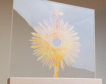 Holy Eucharist - Clear Acrylic Square Plaque Sign Decor with stand, Body and Blood of Christ, Perfect Catholic Home Decor Communion Gift