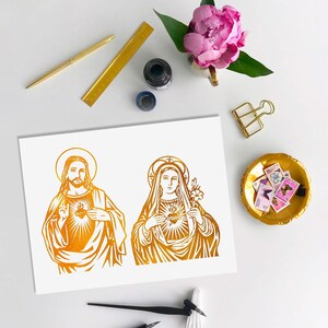 Heiligstes Herz Jesu und Unbeflecktes Herz Mariens, echte Goldfolie Druck, inspirierende religiöse Wand Kunst Dekor, katholische Kunstwerke