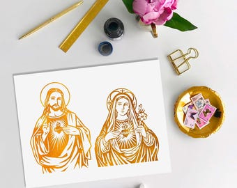 Sacred Heart Of Jesus and Immaculate Heart of Mary, Real Gold Foil Print, Inspirational Religious Wall Art Decor, Catholic Artwork Prints