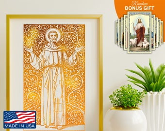 San Francisco de Asís - 8 x 10 pulgadas, obra de arte hecha a mano en lámina de oro, santo patrón de los animales, impresión de decoración artística, regalo católico de inauguración de la casa para él o ella
