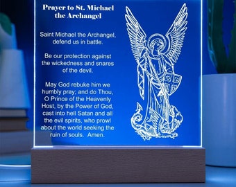 Saint Michael The Archangel Prayer, Clear Acrylic Square Plaque Sign with LED light, Perfect Catholic Wall Art Artwork Decor Home Gift