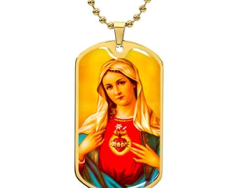 Immaculate Heart of Mary - Dog Tag Pendant Necklace with Ball Chain, Christian Catholic, Perfect Holy Communion Confirmation Birthday Gift