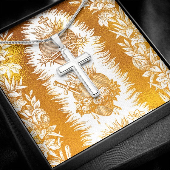 Cross Necklace Jewelry with Three Sacred Hearts Jesus Mary Joseph artwork  Inspirational Christian Catholic Anniversary Birthday Gifts