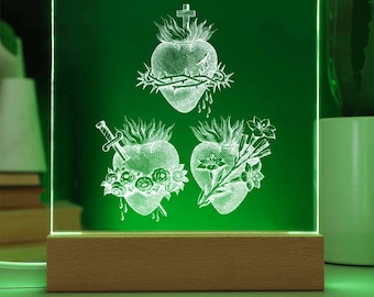 Placa decorativa cuadrada de acrílico transparente con los Tres Sagrados Corazones, Jesús, María y José, con soporte y luz LED, decoración de pared para el hogar, regalo de Navidad