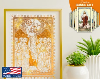 Ascensión Jesús ascendió al cielo, impresión hecha a mano en lámina de oro de 8 x 10 pulgadas, decoración de pared cristiana para inauguración de la casa, el mejor regalo, impresiones artísticas