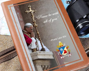 Pope Leo XIV "Peace be with all of you" & Coat of Arms Leather Journal Notebook Diary, Lined Travel Notebook, Catholic Confirmation Gifts