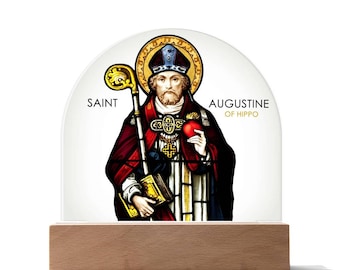 Saint Augustine of Hippo - Clear Acrylic Dome Plaque - Traditional Roman Catholic Artwork - Stained Glass Icon Style Decor Sign with stand