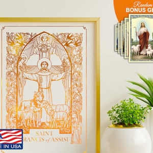 St Francis of Assisi 8x10 in Handmade Gold Foil Artwork, Patron Saint of Animals, Art Decor Print, Catholic Housewarming Gift for Him Her