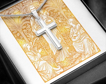 Cross Necklace with Saint Joseph with Jesus and Angels artwork -Beautiful Christian Catholic Anniversary Birthday Baptism Confirmation Gifts