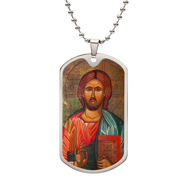 Jesus Christ the Teacher Icon Dog Tag Necklace, Luxury Durable Military Grade Quality Necklace, For Dad, Holy Communion Confirmation Gift