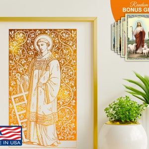 San Lorenzo, diácono y mártir, impresión artística en lámina dorada de 8 x 10 pulgadas, regalo perfecto de cumpleaños, inauguración de la casa y confirmación inspiradora católica