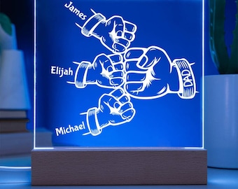Personalized LED Fist Bump Dad and Kids Graphics Display Acrylic Sign Signage, Home Decor Custom Birthday Father's Day Gift Idea For Him