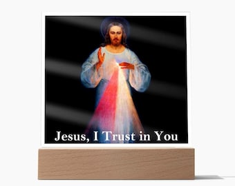 Imagen de Jesucristo Divina Misericordia Vilnius - Letrero cuadrado de acrílico transparente con luz LED y soporte, ideal para la Primera Comunión Católica o cualquier ocasión especial.