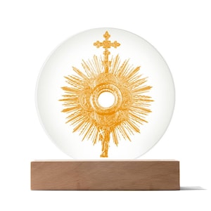 Holy Eucharist Blessed Sacrament Art Mini Monstrance Traditional Roman Catholic Artwork - Clear Acrylic Circle Plaque Sign Decor with stand