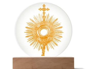 Holy Eucharist Blessed Sacrament Art Mini Monstrance Traditional Roman Catholic Artwork - Clear Acrylic Circle Plaque Sign Decor with stand