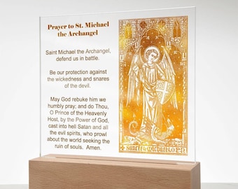 Saint Michael The Archangel Prayer, Clear Acrylic Square Plaque Sign Image, Catholic Religious Christian Wall Art Artwork Decor for Home