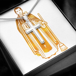 Collar de cruz con obra de San Martín de Porres - Regalos católicos de aniversario, confirmación, bautismo y cumpleaños para mamás y papás patrocinadores