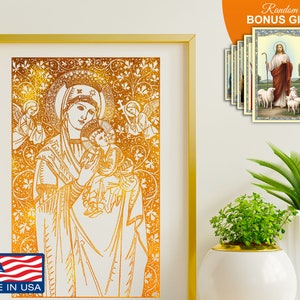 Our Lady Of Perpetual Help - 8x10in Art Print, Mother Of God with Child Jesus and two Angels Devotional Catholic Icon Vintage Wall Art Print