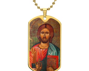 Jesus Christ the Teacher Icon Dog Tag Necklace, Luxury Durable Military Grade Quality Necklace, For Dad, Holy Communion Confirmation Gift