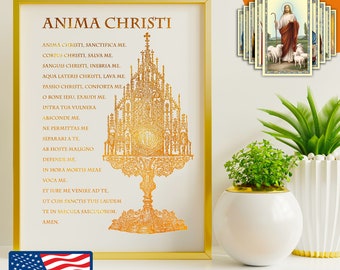 Latin Anima Christi Prayer with Holy Eucharist - Gold Foil 8x10 in Art Print, Body and Blood of Christ