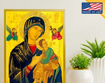 Our Lady Of Perpetual Help Icon - Canvas Print - USA made, Mother Of God with Child Jesus Inspirational Motivational Catholic Wall Art Print
