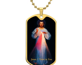 Divine Mercy, I Trust In You - Military Dog Tag Pendant Necklace with Chain, Christian Catholic, Perfect Catholic Gift for Dad, Confirmation