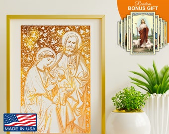 Sagrada Familia - Jesús, María y San José - Láminas artísticas en lámina dorada de 8 x 10 pulgadas, obra de arte para el hogar, regalo religioso inspirador para inauguración de la casa católica