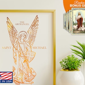 Saint Michael The Archangel Words Of Divinity Handmade 8x10 in Gold Foil Print, Catholic Religious Christian Wall Art Prints Artwork Decor