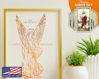 Saint Michael The Archangel Words Of Divinity Handmade 8x10 in Gold Foil Print, Catholic Religious Christian Wall Art Prints Artwork Decor