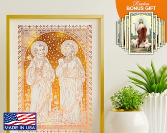 Impresión en lámina dorada de San Pedro y San Pablo (8 x 10 pulgadas), arte mural católico inspirador para decoración del hogar, ideal como regalo de inauguración de la casa o cumpleaños.