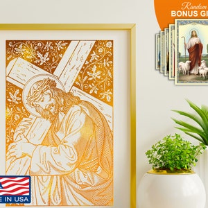 Passion of Christ, Jesus Carrying the Cross Crucifixion- Handmade Gold Foil 8x10 in Art Print, Beautiful Catholic Christian Gift Prints