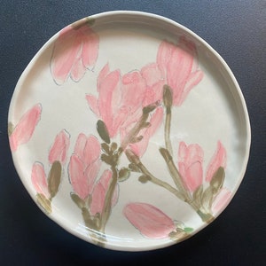 Ceramic decorative plate . Magnolia flower. Hand painted pottery.