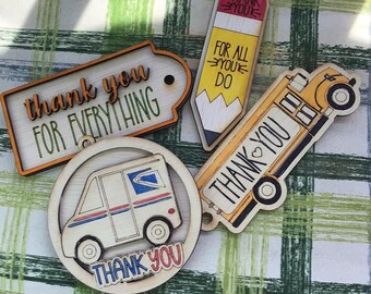 Thank You Teacher Bus Driver Postman Ornaments Gift Tags Set of 4 SVG Laser Ready File Holiday