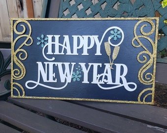 Happy New Year SVG File Laser Ready Sign Scrolled Wood Details Holiday Decorations Cheers to the New Year's Eve SVG