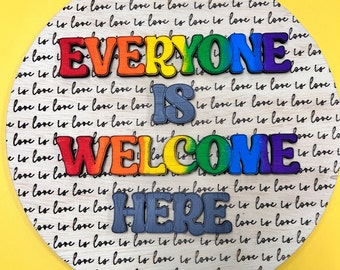 Everyone is Welcome Here roundLove is Love Scored Background Door Hanger SVG PRIDE LGBTQ+