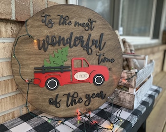 Christmas Truck It's The Most Wonderful Time of the Year Round SVG Laser Ready fIle Two Sizes Glowforge and Larger Lasers